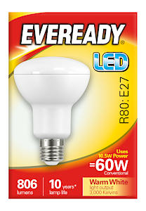 Eveready LED R80 Reflector E27 (ES) 806lm 8.8W 3,000K (Warm White), Box of 1