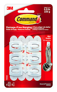 3M Command Mini Hooks | White | 6 Hooks and 8 Small Adhesive Strips | Code 17006