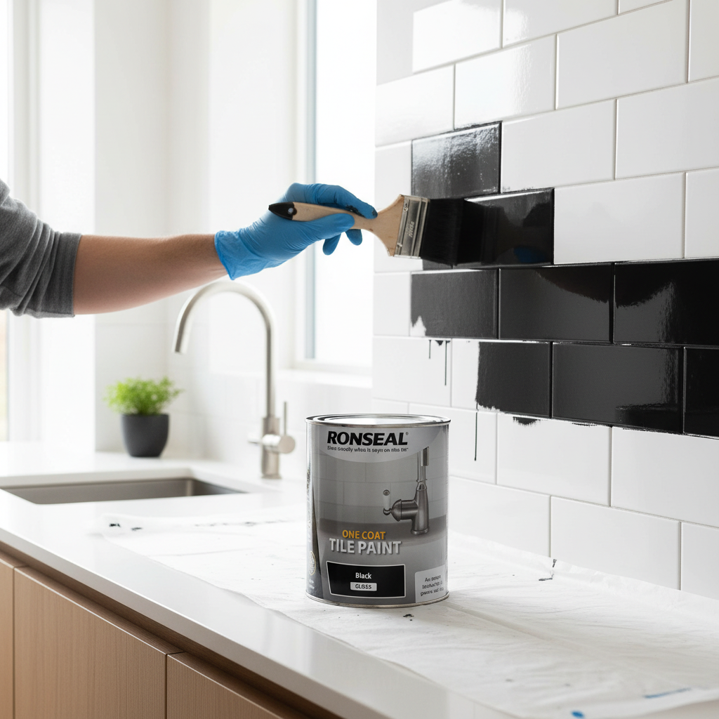 Ronseal One Coat Tile Paint Black Gloss | Mould Resistant | 1 x 750ml