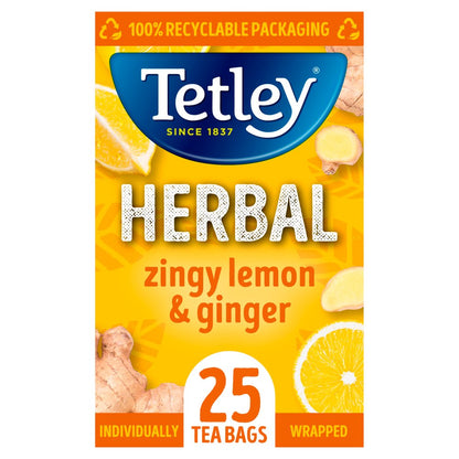 Tetley Herbal Zingy Lemon & Ginger Compostable, Wrapped Tea Bags 12 x 25's