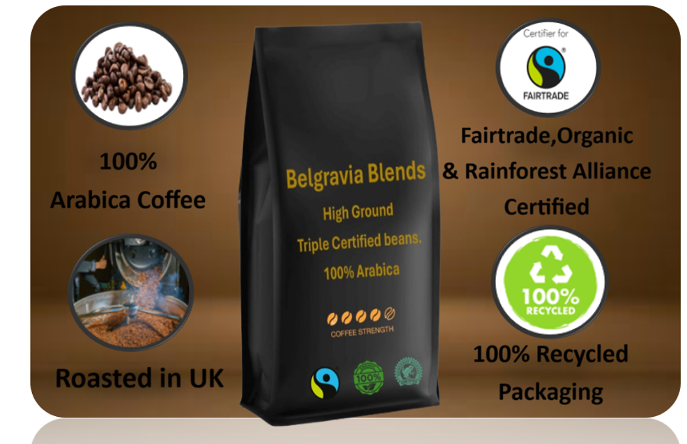 Belgravia High-Ground Blend 1kg Fairtrade/Organic & Rainforest Alliance Certified Coffee Beans, 100%