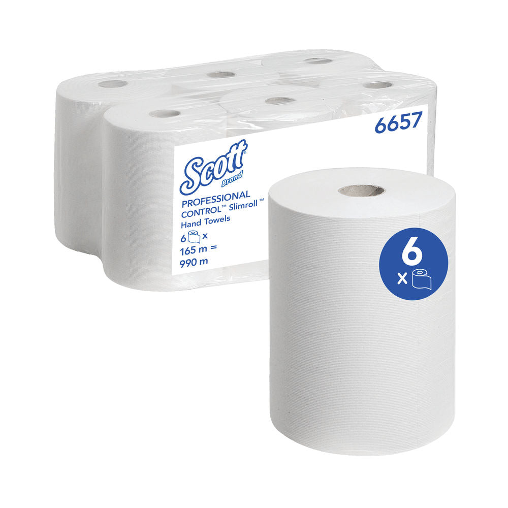 Scott 1-Ply Slimroll Hand Towel Roll White , Pack of 6, {6657} - UK BUSINESS SUPPLIES