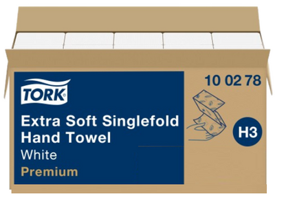 Tork 100278 Extra Soft Singlefold Hand Towels White H3, Premium, Embossed,15x200 Sheets