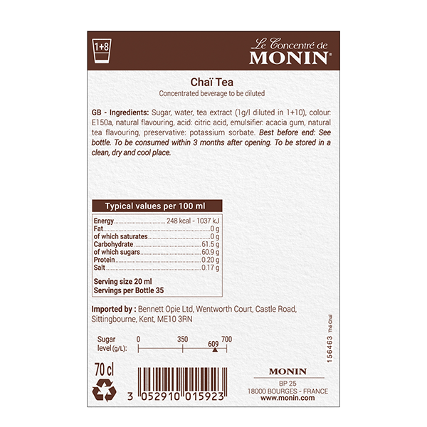 MONIN Chai Cocktail Syrup 700ml (Glass Bottle)