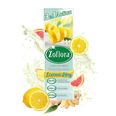 Zoflora Concentrated Multipurpose Disinfectant & Odor Eliminator, 3 in 1 Action, 500 ml, Lemon Zing Scent