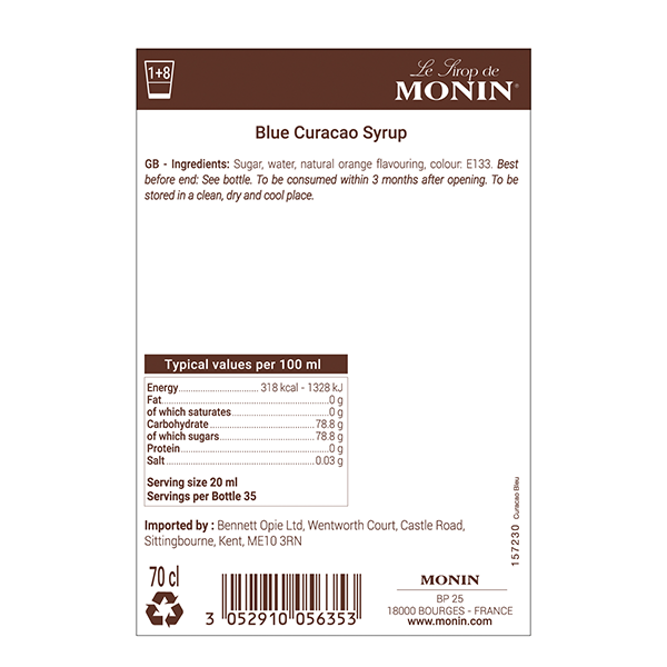 MONIN Blue Curacao Cocktail Syrup 700ml (Glass Bottle)