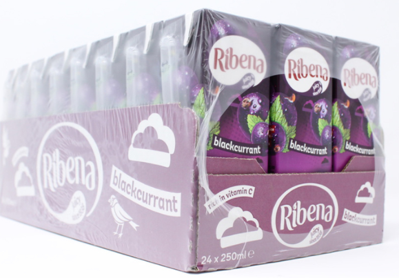 Ribena Blackcurrant Juice Kid Party Vitamin C Flavour Fruit Carton Pack 24x250ml