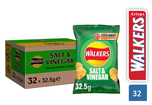 Walkers Salt and Vinegar Crisps 32.5g (Pack of 32)