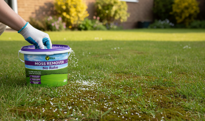 Vitax Moss Remover | No Rake | Dual Purpose Lawn Feed And Moss Removal | 100msq Tub