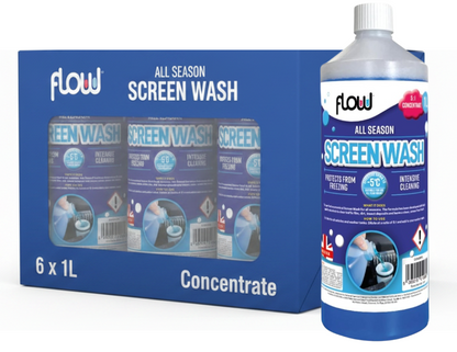 Flow 1L Screen Wash Concentrate | All Season Windscreen Cleaner | Protects to -5°C | Intensive Cleaning Formula