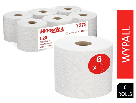 WypAll L20 Cleaning and Maintenance Wiping Paper 7278 - 2 Ply Centrefeed Rolls - 6 Rolls x 400 White