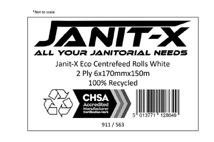 Janit-X Eco 100% Recycled XL Centrefeed Rolls White 6 x 150m CHSA Accredited