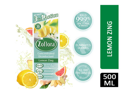 Zoflora Concentrated Multipurpose Disinfectant & Odor Eliminator, 3 in 1 Action, 500 ml, Lemon Zing Scent