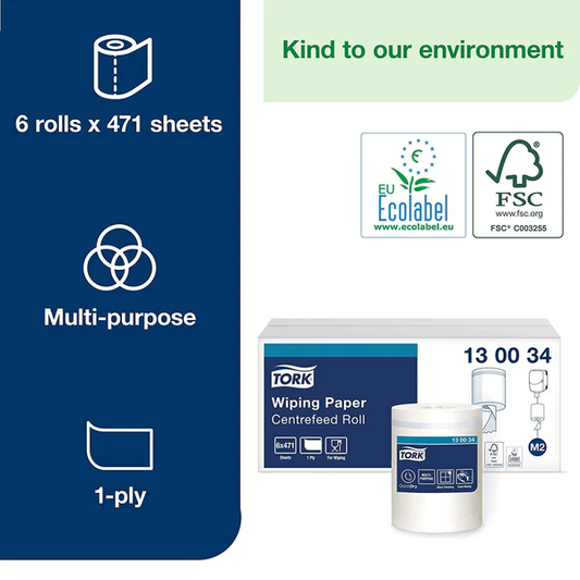Tork 130034 M2 Wiping Paper Centrefeed Roll White 6's