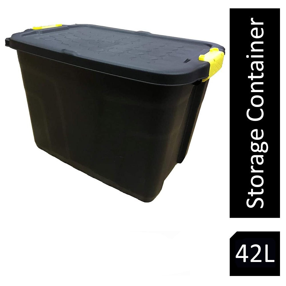 Strata Heavy Duty 42L Black Storage Crates & Lids Black Yellow Handles