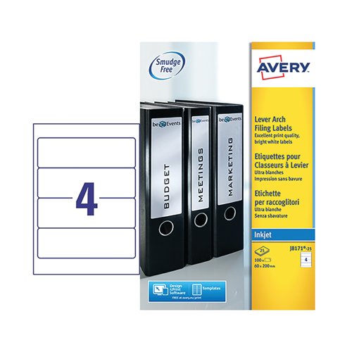 Avery Inkjet L/Arch Filing Labels 4 Per Sheet Wht (Pack of 100) J8171-25