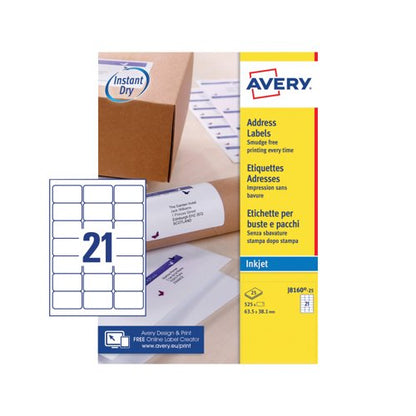 Avery Inkjet Address Labels QuickDRY 63.5x38.1mm 21 Per Sheet White (Pack of 525) J8160-25