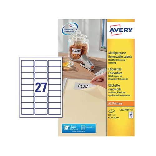 Avery Removable Labels 27 Per Sheet White (Pack of 675) L4737REV-25