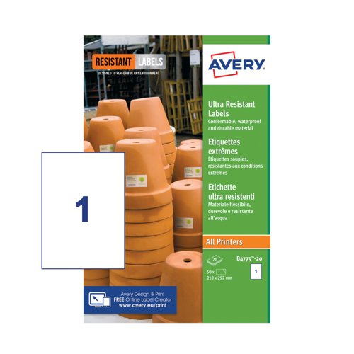Avery Ultra Heavy Duty Waterproof Labels 209x291mm Pack of 20 B4775-20