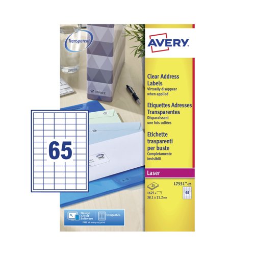 Avery Laser Mini Labels 38x21mm 65 Per Sheet Clear (Pack of 1625) L7551-25