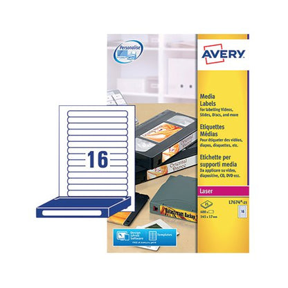Avery Video Spine Label 145x17mm 16 Per Sheet White (Pack of 400) L7674-25