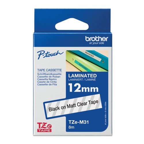 Brother P-Touch TZe Lam Tape Cassette 12mm x 8m Black on Clear Matte Effect Tape TZEM31