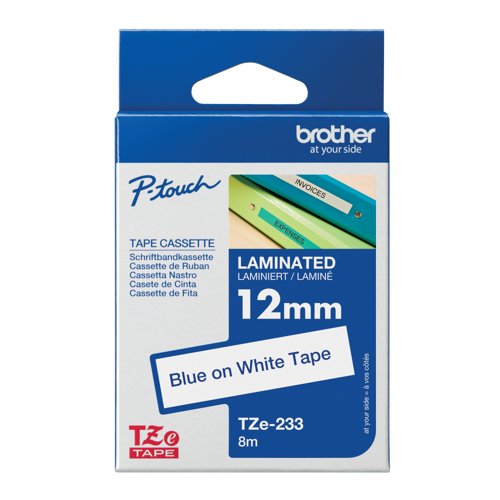 Brother P-Touch TZe Lam Tape Cassette 12mm x 8m Blue on White Tape TZE233