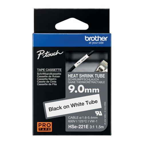 Brother HSe Heat Shrink Tube Tape Cassette 9.0mmx 1.5m Black on White HSe221E
