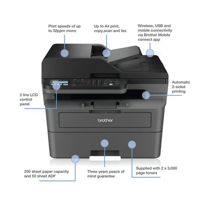 Brother MFC-L2827DWXL A4 4-in-1 Wireless Mono Laser Printer MFCL2827DWXLZU1