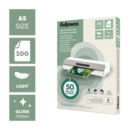 Fellowes Recycled Laminating Pouches 80 Micron A5 Gloss (Pack of 100) 100143440