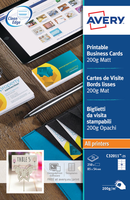 Avery Business Card Single Sided 10 Per Sheet 200gsm Matt (Pack 250) C32011-25