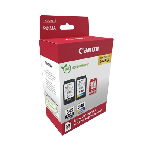 Canon PG-545/CL-546 Ink Cartridges K/CMY + 4 x 6 in Photo Paper Value Pack 8287B008