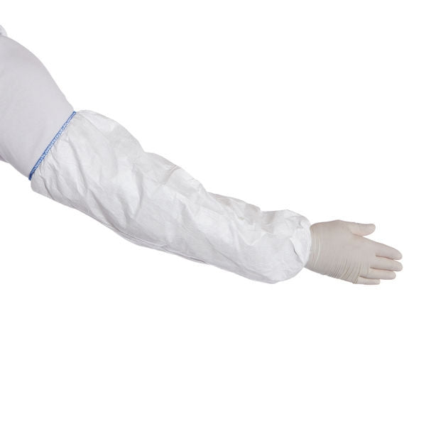 Tyvek® 500 Sleeve model PS32LA. Stitched internal seam. Elastic openings. Blue stitches on upper arm. White. Pack 20's