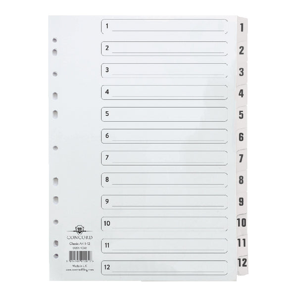 Concord Classic Index 1-12 A4 180gsm Board White with Clear Mylar Tabs 01201/CS12