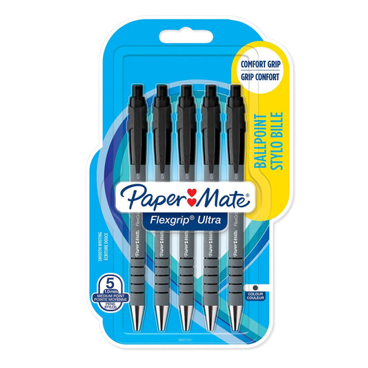Paper Mate Flexgrip Ultra Retractable Ballpoint Pen 1.0mm Tip 0.5mm Line Black (Pack 5) - 2027751