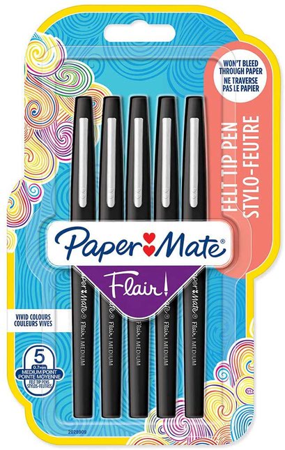 Paper Mate Flair Fibre Tip Pen Medium Point 0.7mm Black (Pack 5) 2028909