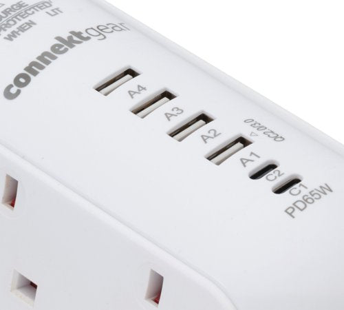 Connekt Gear 2m Desktop 6 Way Surge Protector With 4 USB-A and 2 USB-C 65W 27-6020S/USB