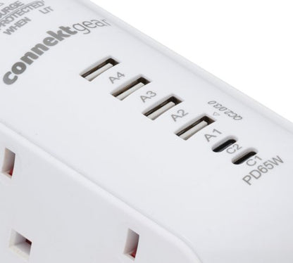 Connekt Gear 2m Desktop 6 Way Surge Protector With 4 USB-A and 2 USB-C 65W 27-6020S/USB