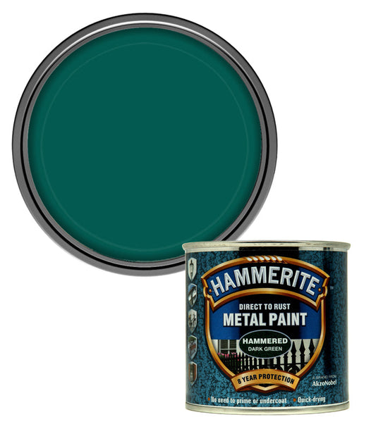 Hammerite  Direct To Rust Metal Paint - Hammered Dark Green Finish 250Ml