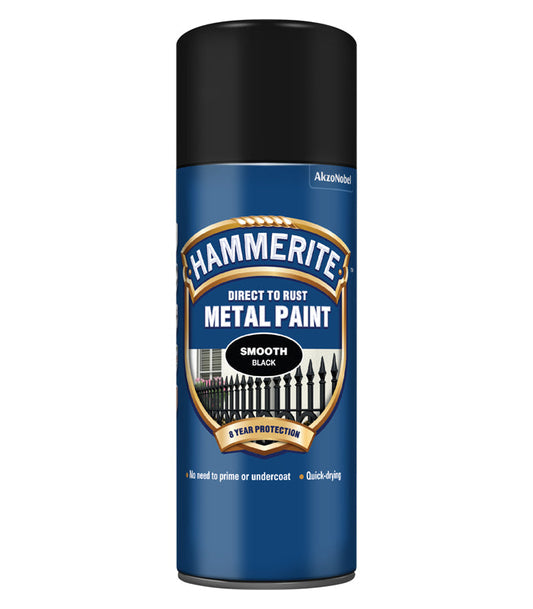 Hammerite Spray Paint for Metal | Direct to Rust Exterior Metal Paint | Smooth Finish BLACK 400ml