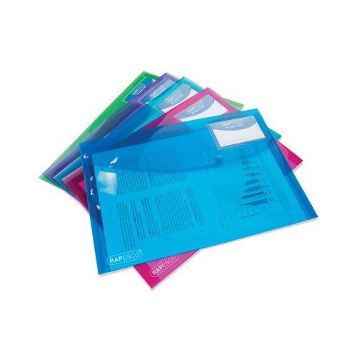 Rapesco Eco Recycled ID Popper Wallet Assorted Bright A4 Transparent (Pack of 5) 0700