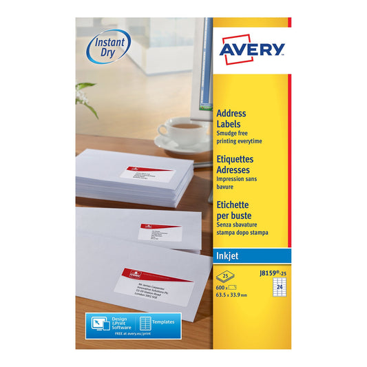 Avery Inkjet Address Label 63.5x34mm 24 Per A4 Sheet White (Pack 600 Labels) J8159-25