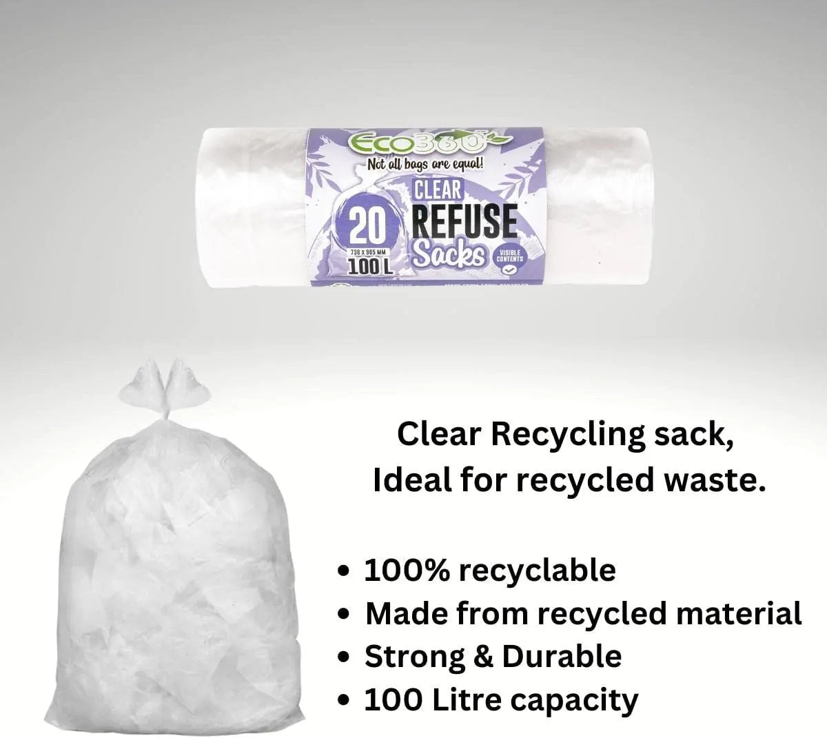 Ecobag Clear Recycling / Refuse bags | 100L Capacity | 1 x 20 Roll
