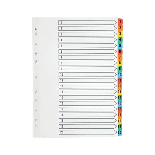 Q-Connect 1-20 Index Multi-punched Reinforced Board Multi-Colour Numbered Tabs A4 White KF01521