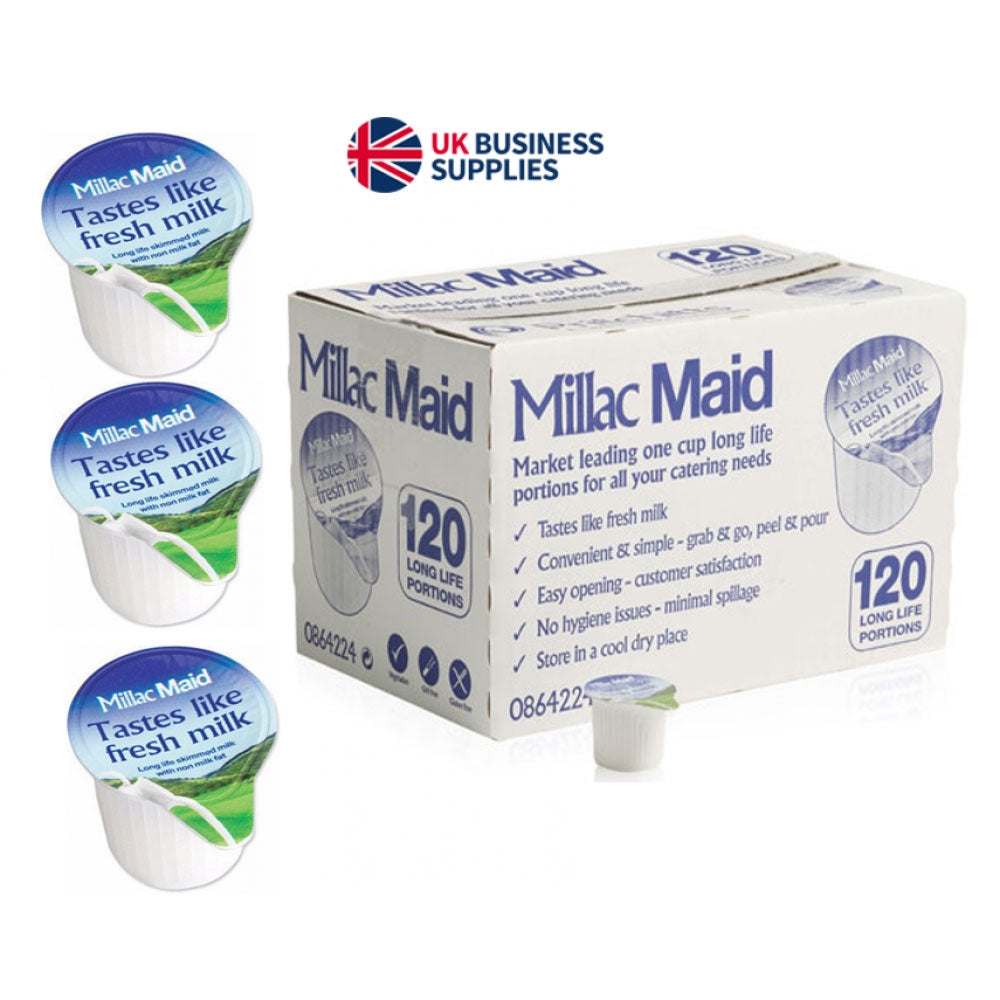 Millac Maid Whole Mini Pots - Tastes Like Fresh Milk - Long Life Skimmed Milk With Non Milk Fat - Pack of 120 - UK BUSINESS SUPPLIES