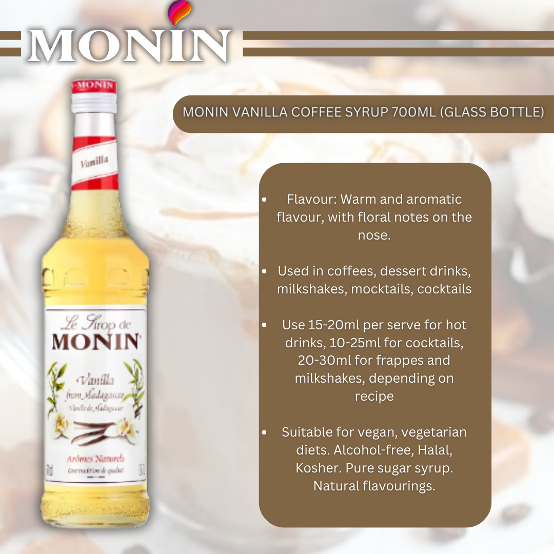 MONIN Vanilla Cocktail Syrup 700ml (Glass Bottle)
