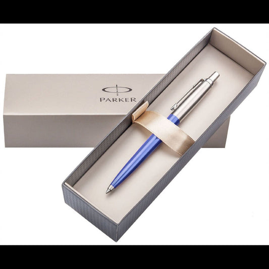 Parker Jotter Ballpoint Pen Stainless Steel with Blue Trim (Waterloo Blue) Boxed