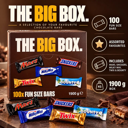 Mars The Big Box Fun Size Chocolate Bars | 1 x 100 Bars | 1.9kg Multipack | Snickers, Bounty, Twix, Bounty etc.