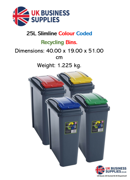 VFM Recycle It 25L Slimline Recycle It Waste Plastic Recycling Bin 4 Piece Set - Red/Blue/Yellow/Green