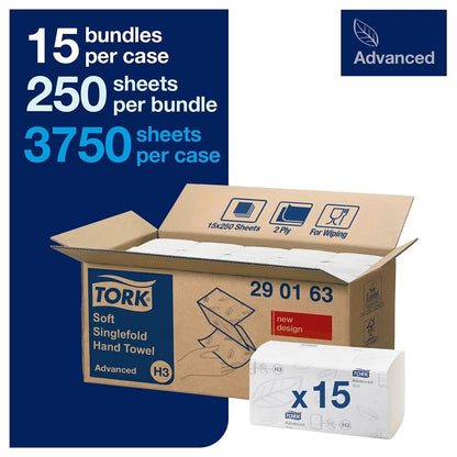 Tork 290163 Singlefold Hand Towel H3 White 250 Sheets Pack of 15